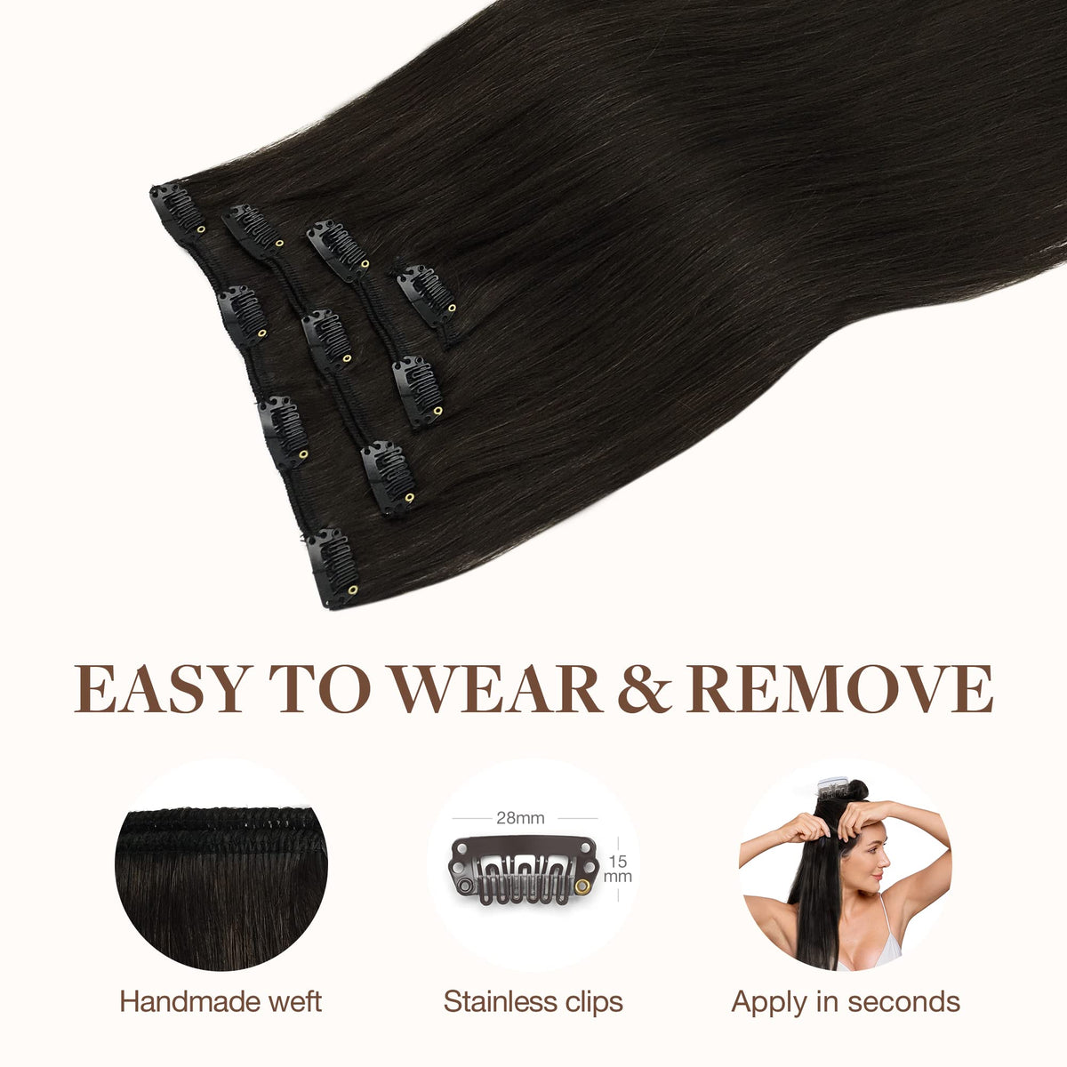 GOO GOO Clip in Hair Extensions 18inch Dark Brown in hand