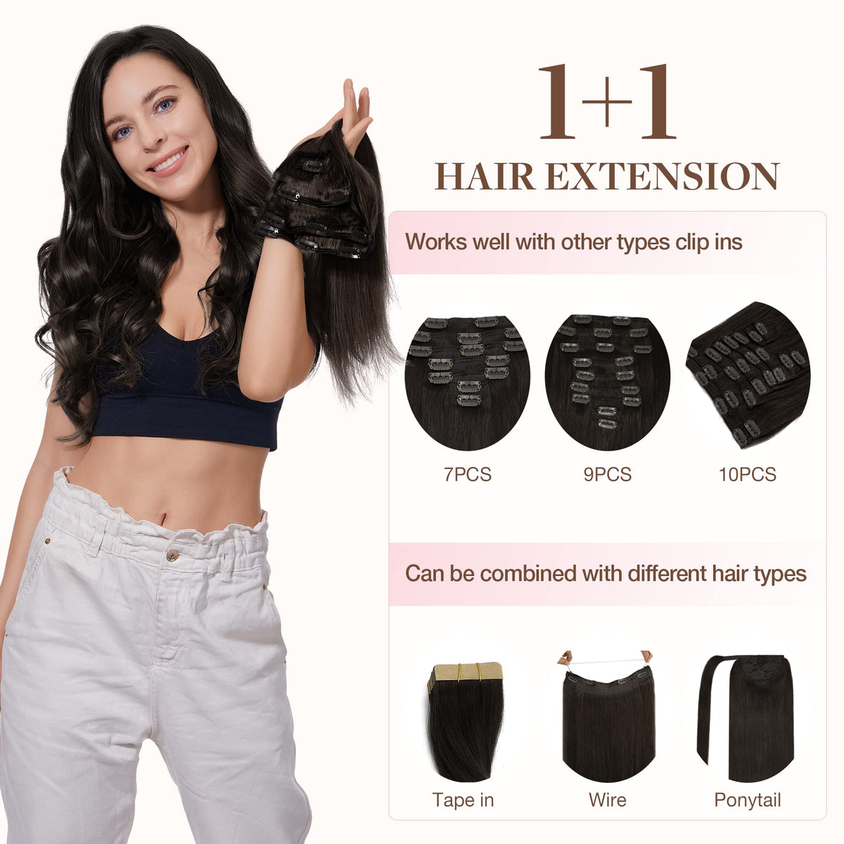GOO GOO Clip in Hair Extensions 18inch Dark Brown styled on model