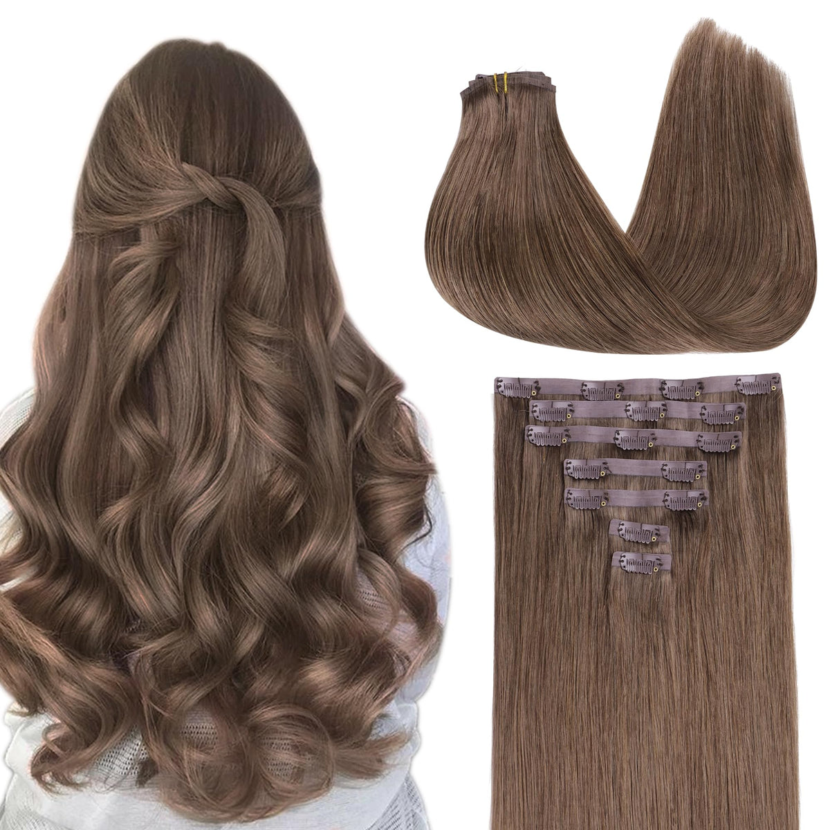 GOO GOO Clip in Hair Extensions 18inch Light Ash Brown front view