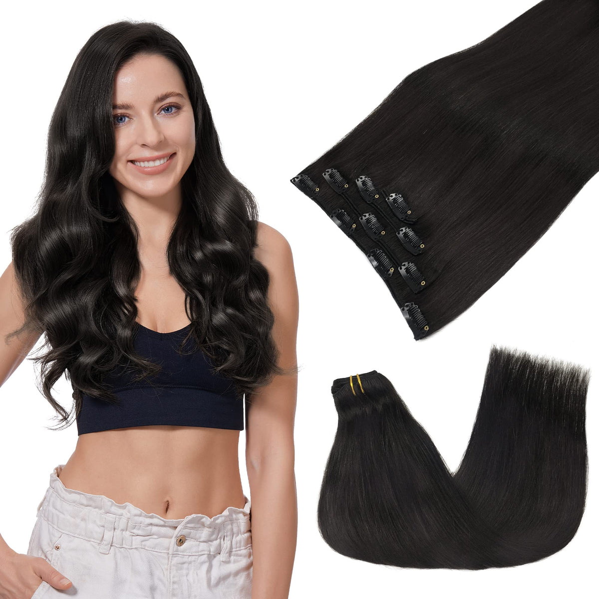 GOO GOO Clip in Hair Extensions 18inch natural black front view