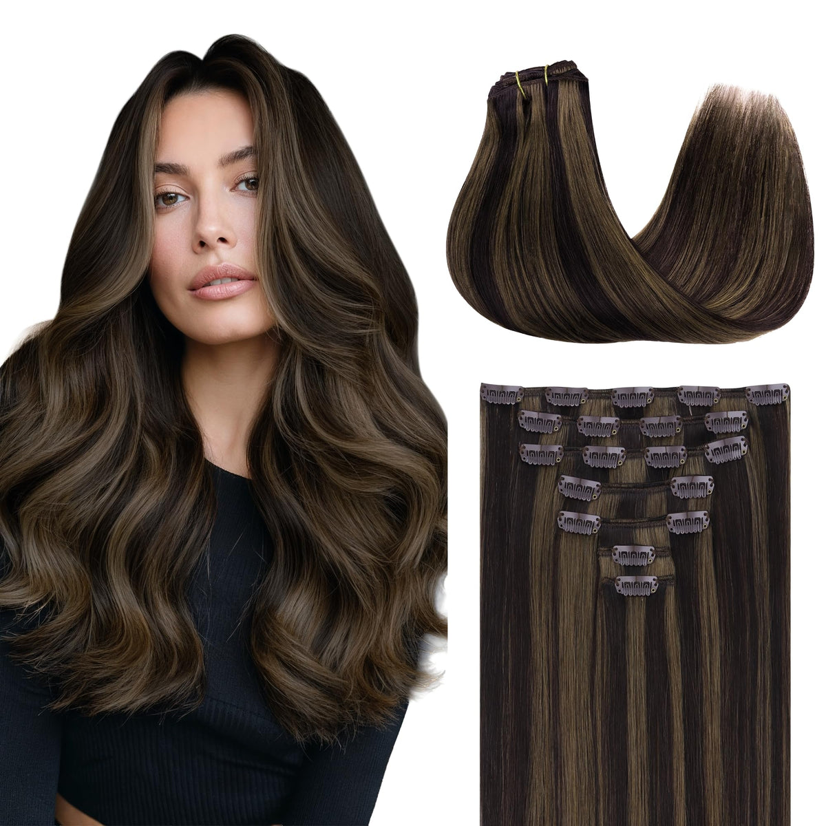 GOO GOO Clip in Hair Extensions 198g brown model front view