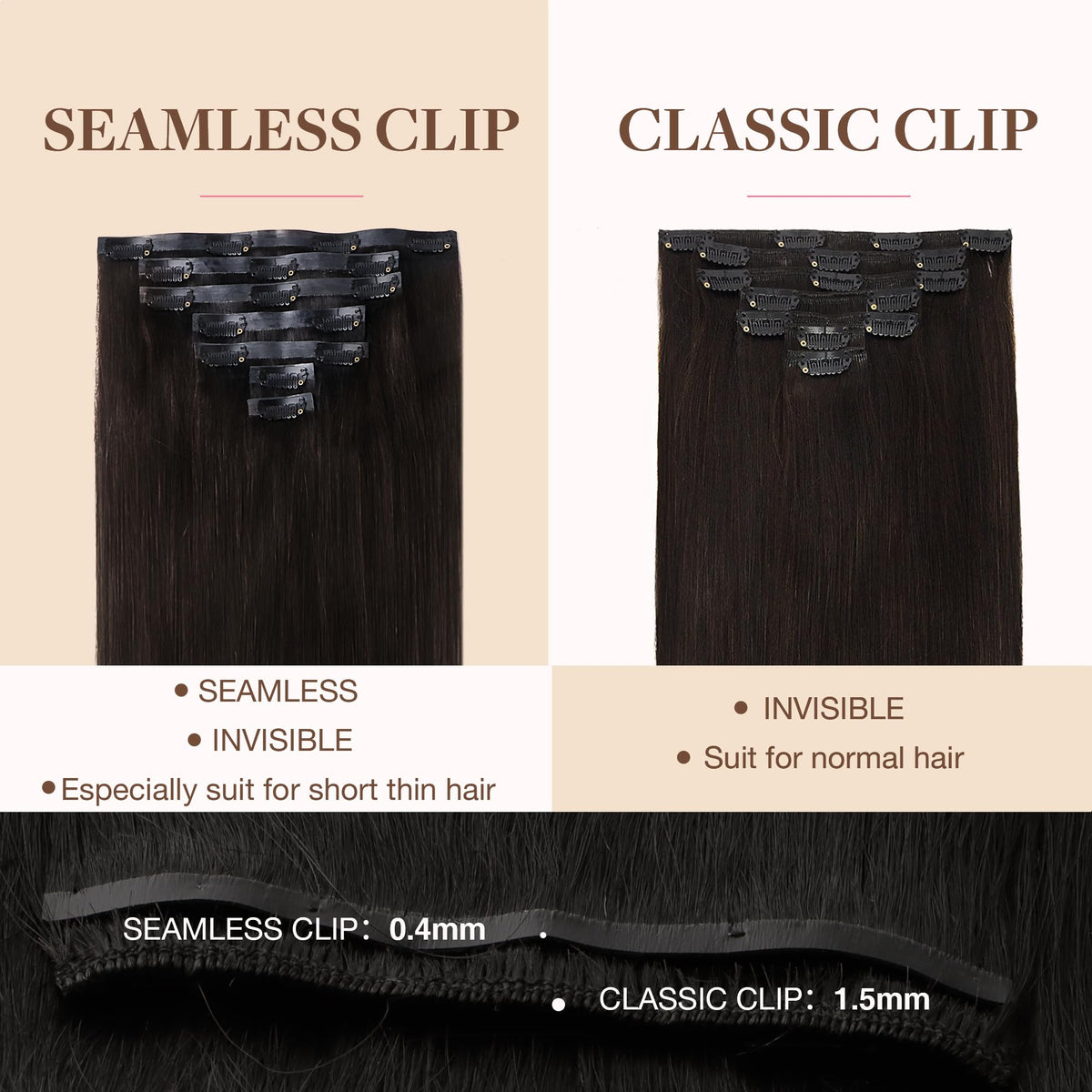 GOO GOO Clip in Hair Extensions 20 inch dark brown close-up of clips
