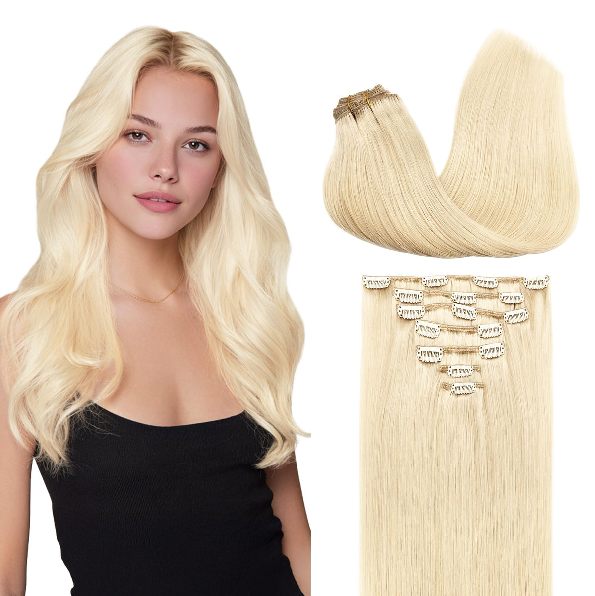 GOO GOO Clip in Hair Extensions 20inch 120g 613R Bleach Blonde front view