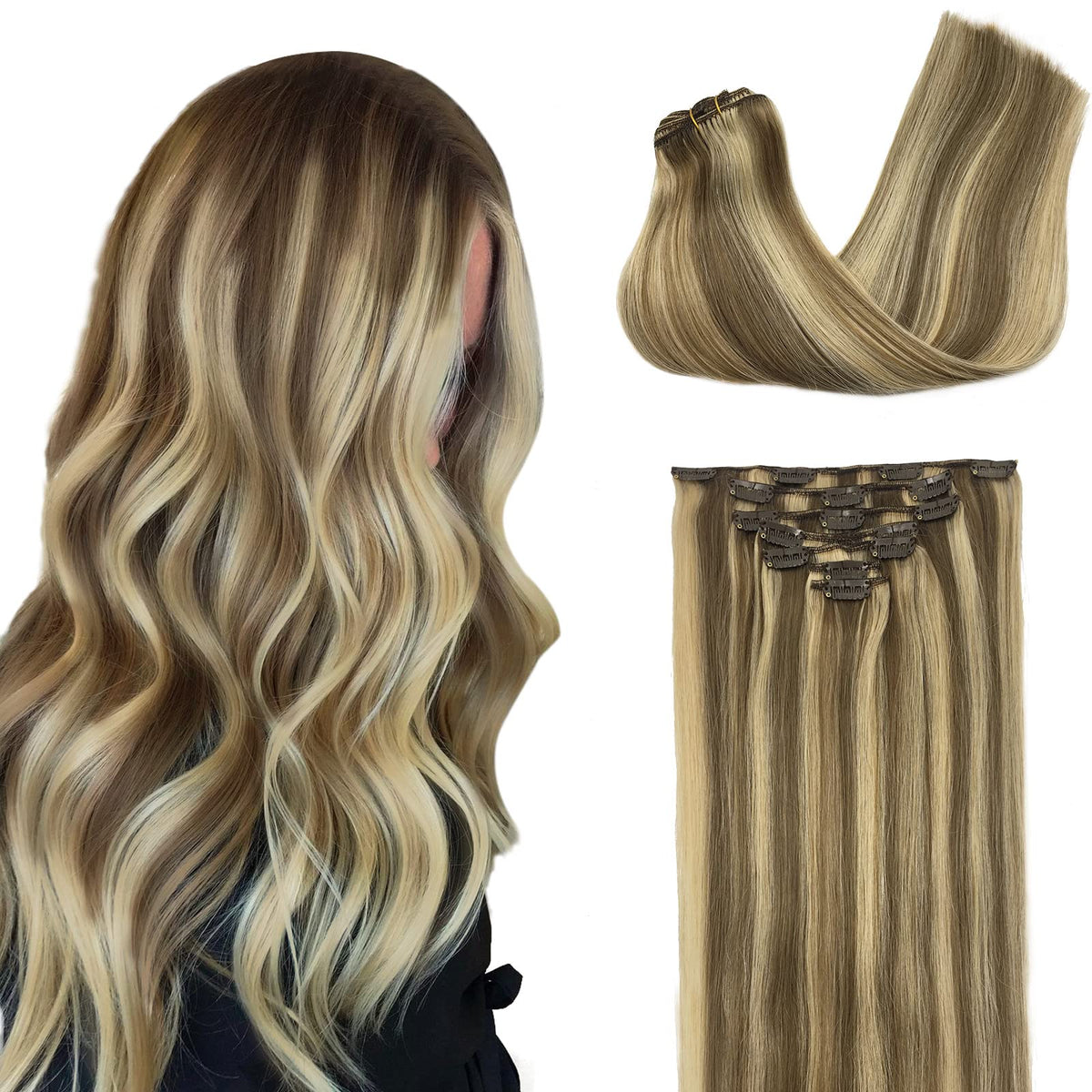 GOO GOO Clip in Hair Extensions 20inch 120g front view in Medium Brown Highlighted Golden Blonde