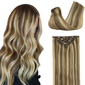 GOO GOO Clip in Hair Extensions 20inch 120g front view in Medium Brown Highlighted Golden Blonde