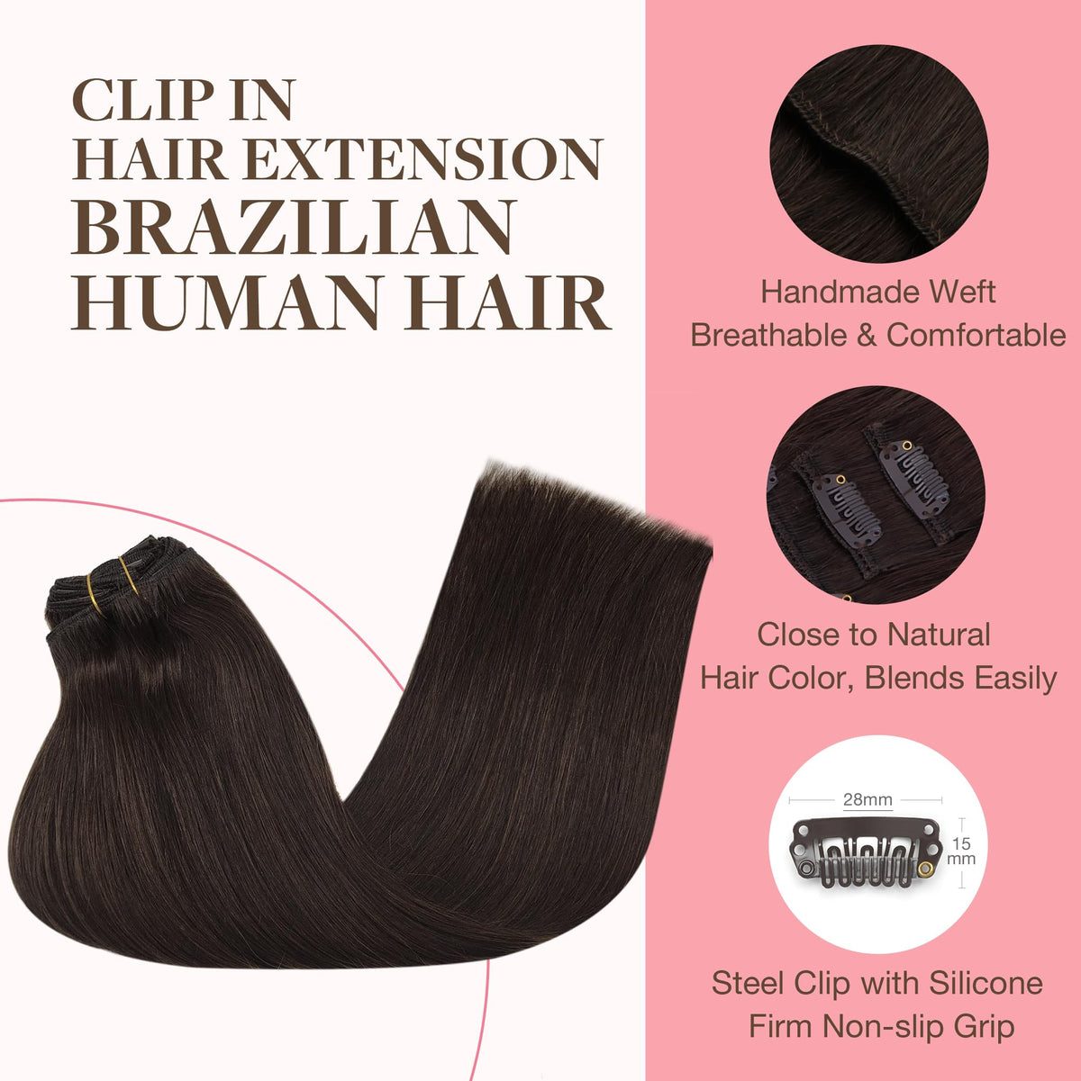 GOO GOO Clip in Hair Extensions 20inch 120g Light Brown close-up of clips