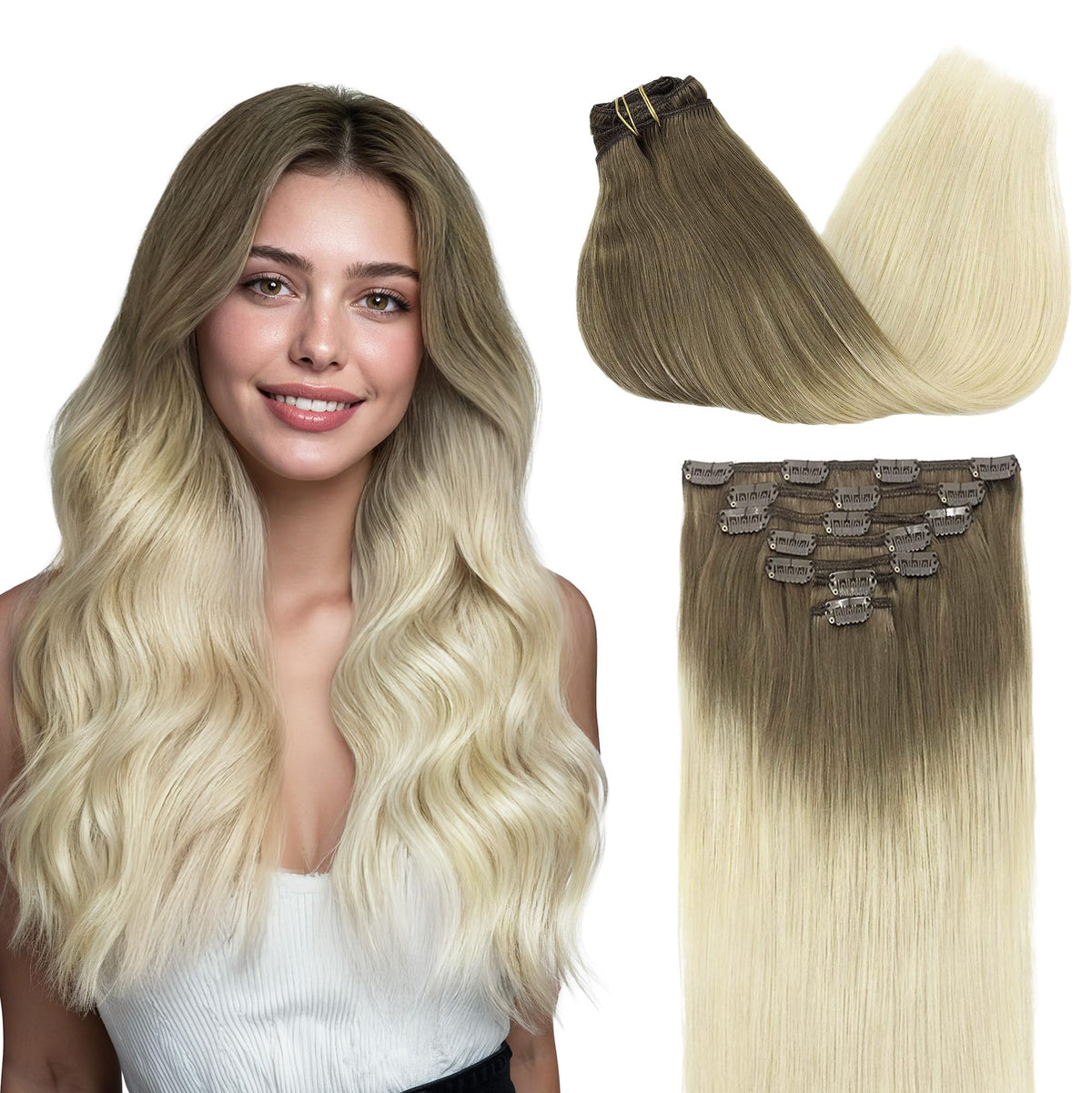 GOO GOO Clip in Hair Extensions 20inch Balayage Ash Brown to Platinum Blonde front view