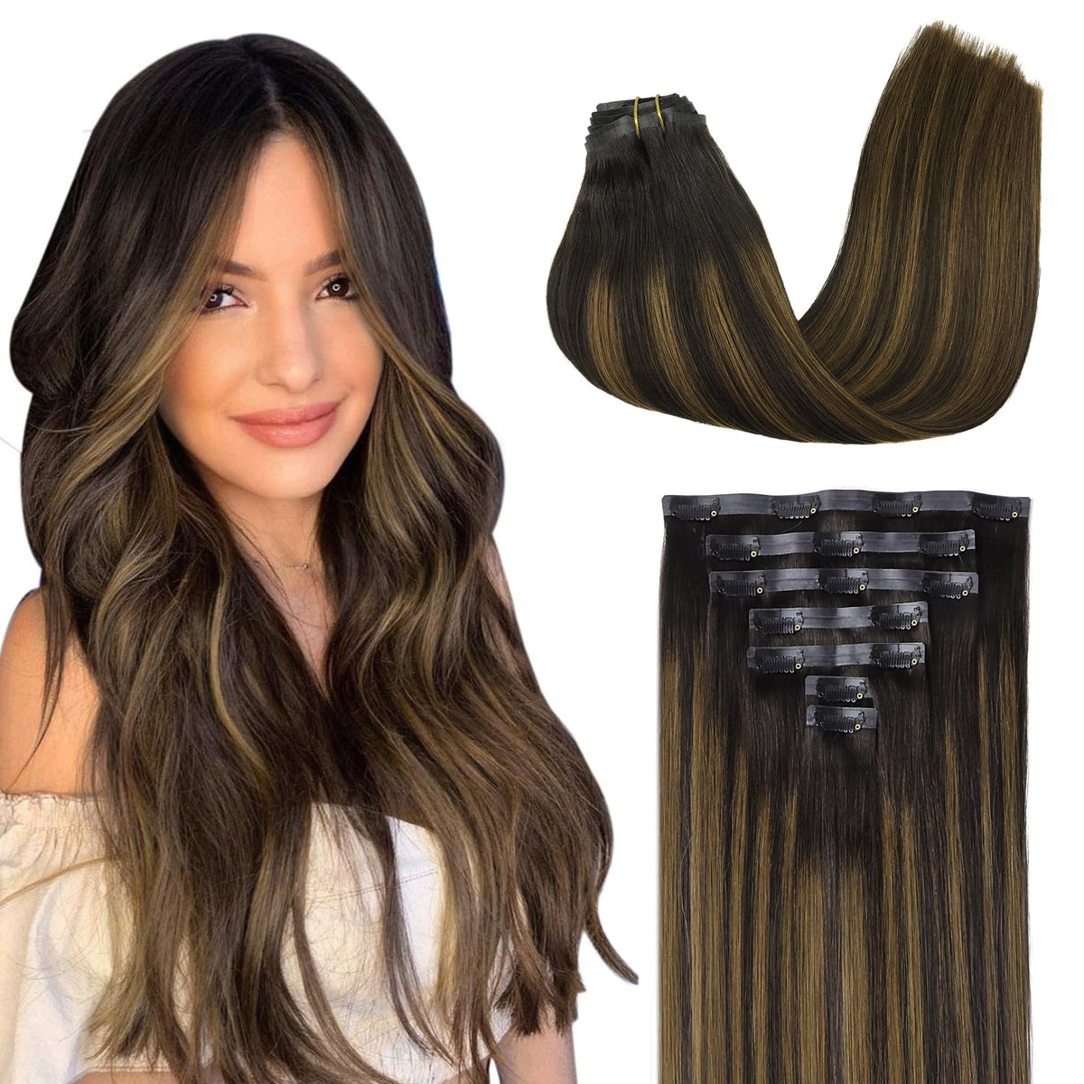 GOO GOO Clip in Hair Extensions 20inch balayage dark brown front view