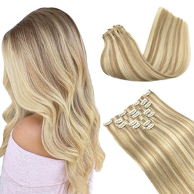 GOO GOO Clip in Hair Extensions 20inch Dark Blonde Highlighted Bleach Blonde front view