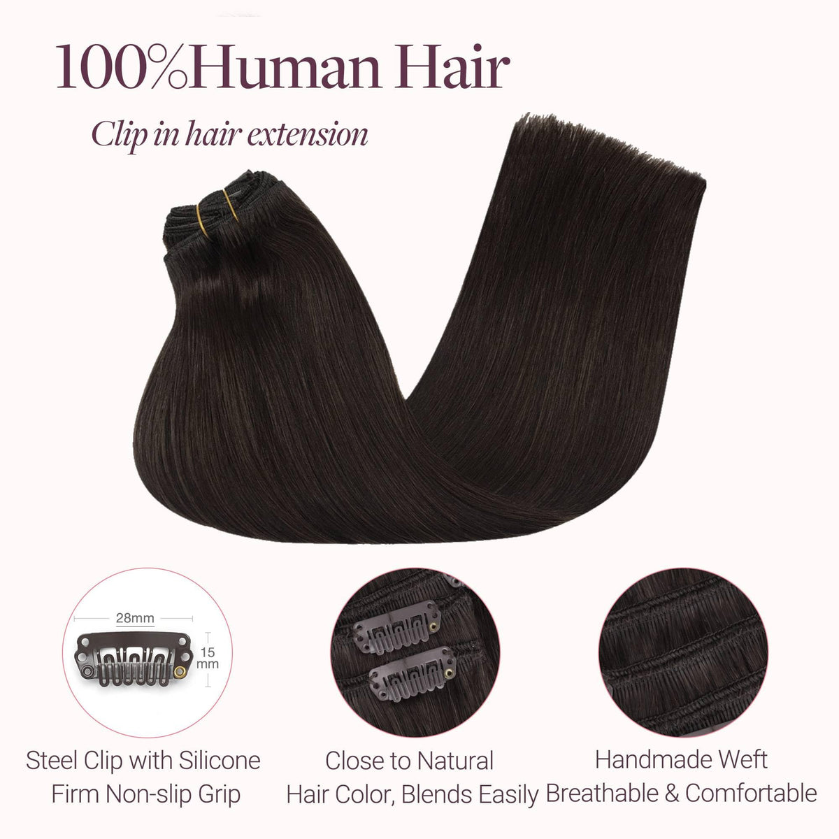 GOO GOO Clip in Hair Extensions 20inch dark brown close-up of clips