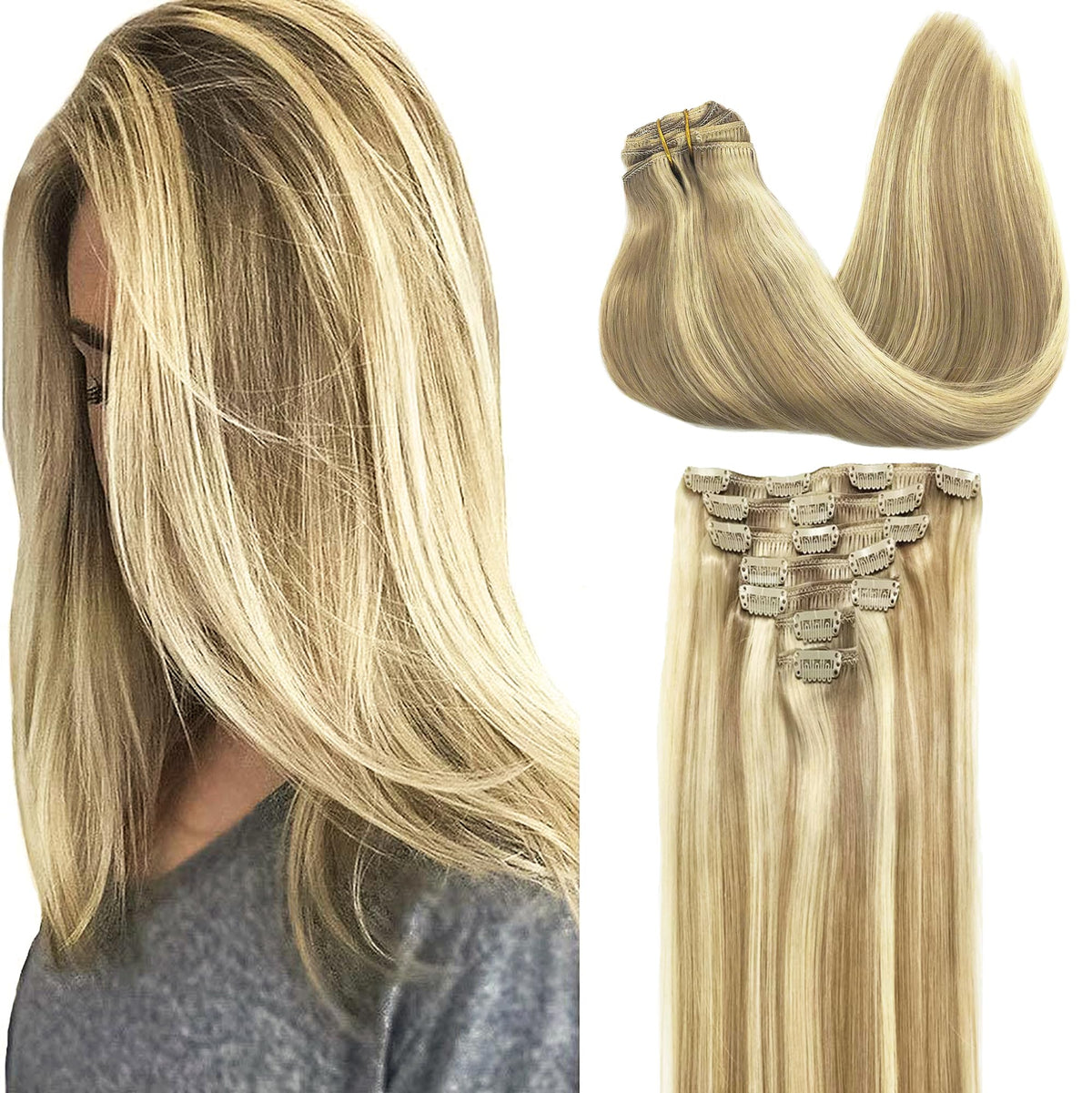 GOO GOO Clip in Hair Extensions 20inch light blonde highlighted
