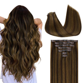 GOO GOO Clip in Hair Extensions 20inch with Brown Sugar Swirl Highlights front view
