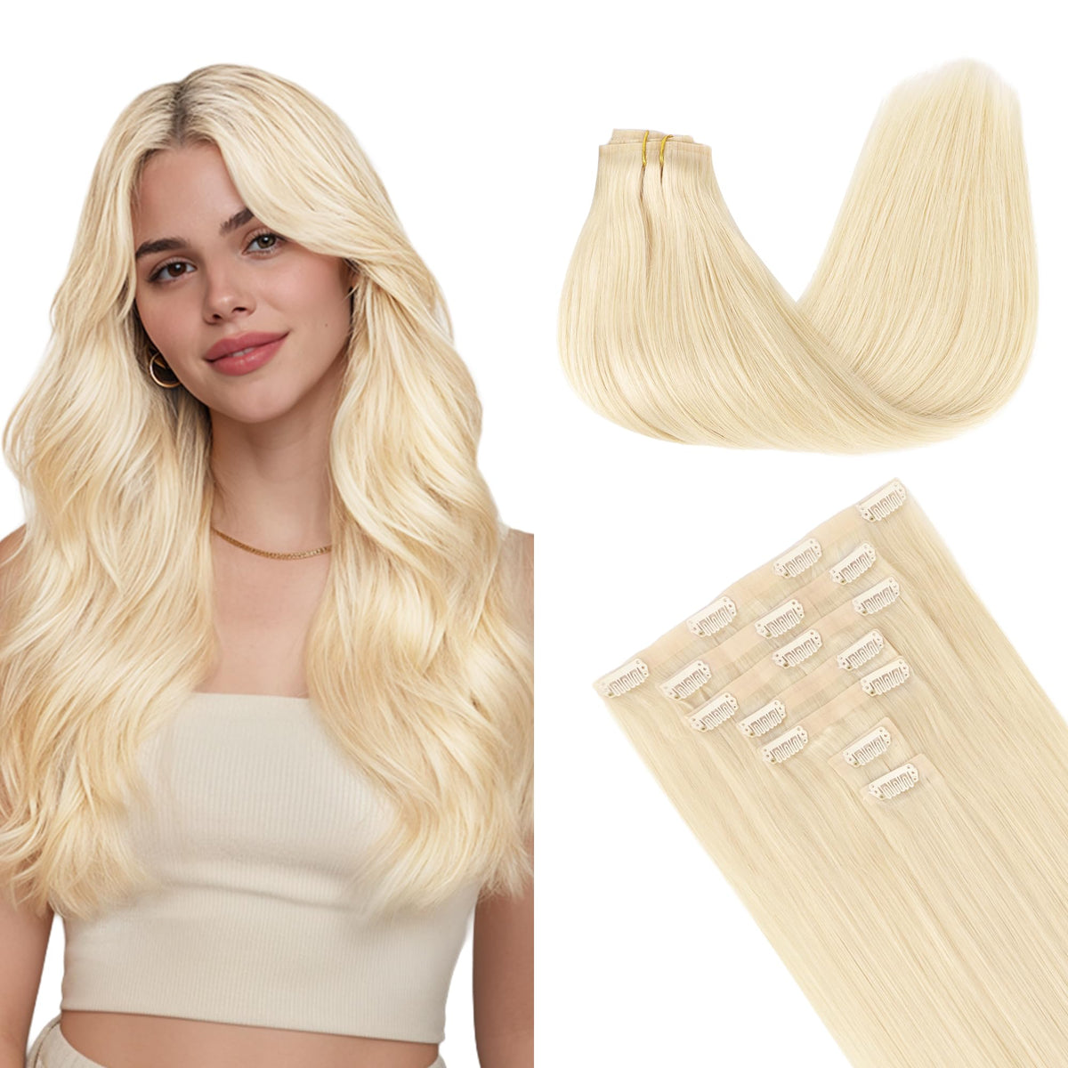GOO GOO Clip in Hair Extensions 22 inch 613R Bleach Blonde front view