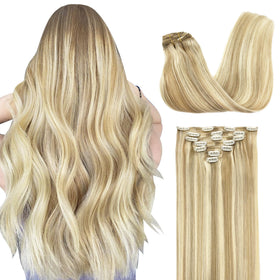 GOO GOO Clip in Hair Extensions 22 inch dark blonde highlighted front view