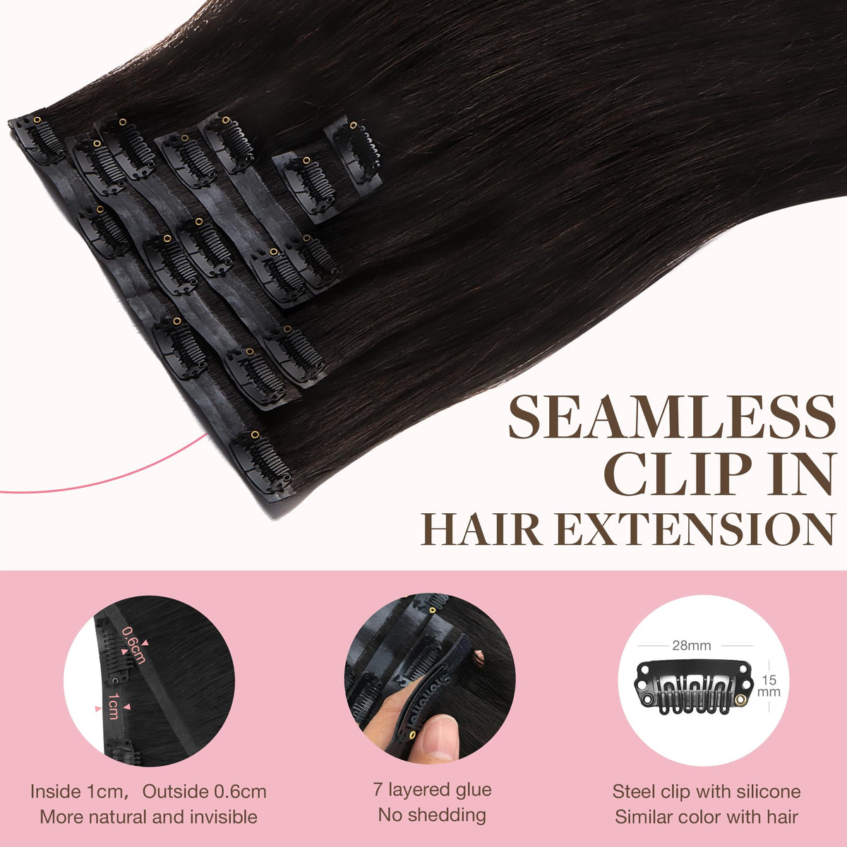 GOO GOO Clip in Hair Extensions 22 inch Dark Brown close-up of clips