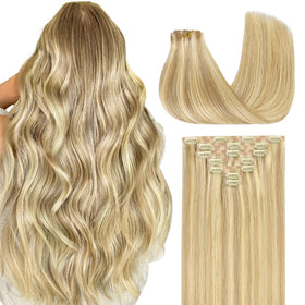 GOO GOO Clip in Hair Extensions 22 inch with dirty blonde highlights front view