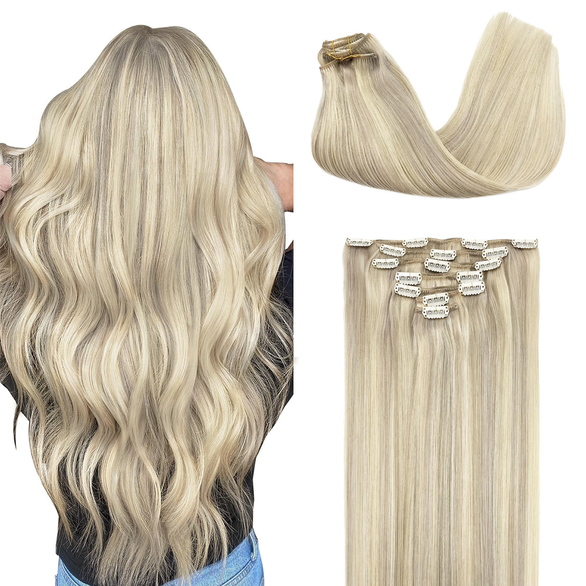 GOO GOO Clip in Hair Extensions 22inch Ash Blonde front view