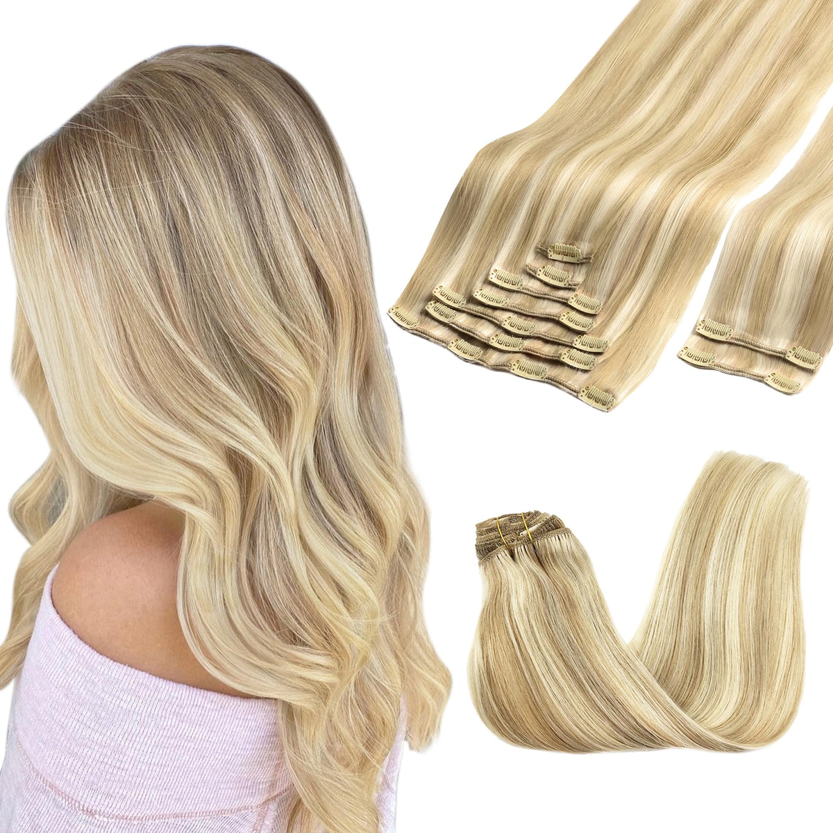 GOO GOO Clip in Hair Extensions 22inch dark blonde highlighted front view