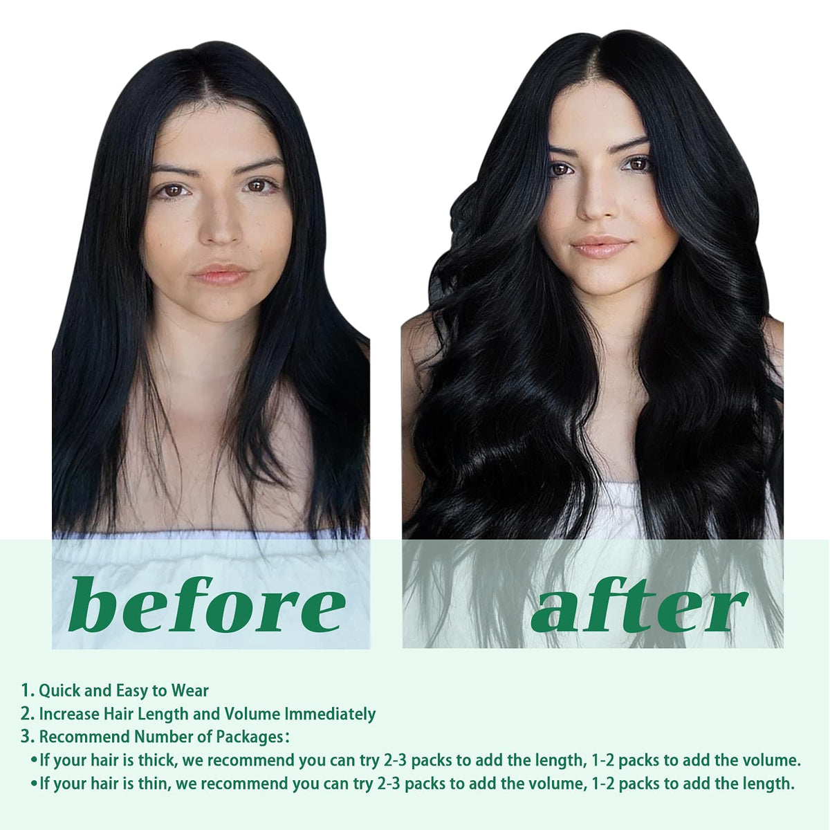 GOO GOO Clip in Hair Extensions 22inch jet black texture detail