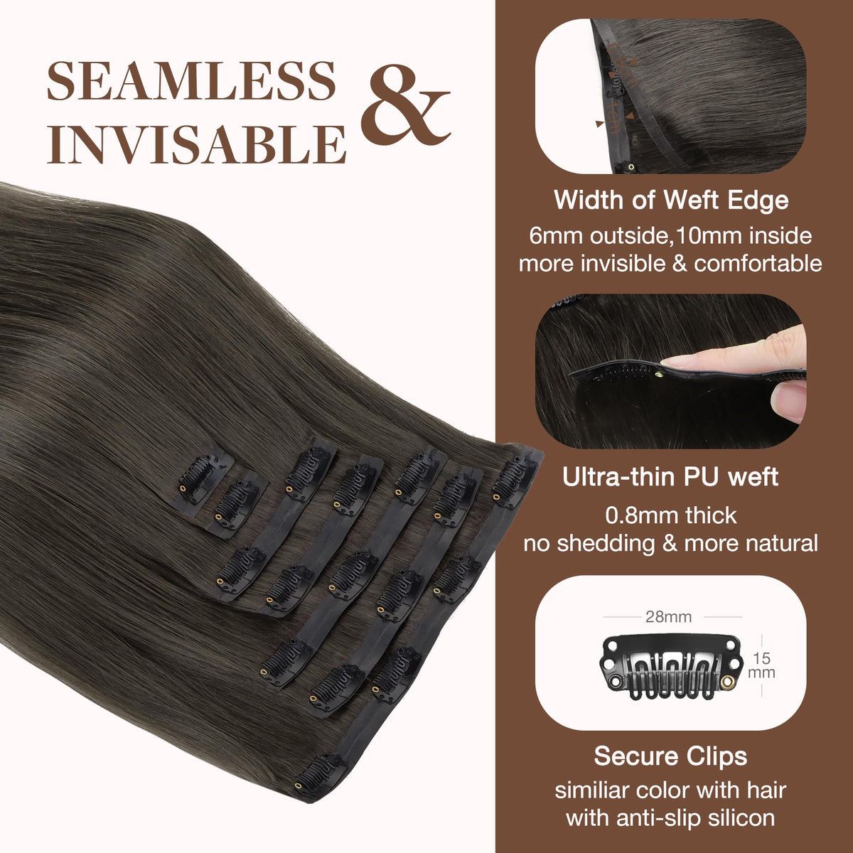 GOO GOO Clip in Hair Extensions 22inch Mocha Brown close-up of clips