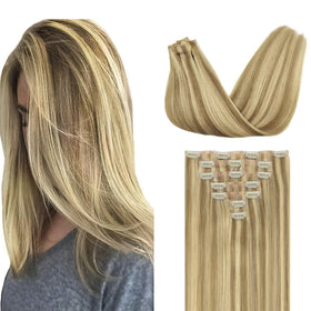 GOO GOO Clip in Hair Extensions 24inch light blonde highlighted front view