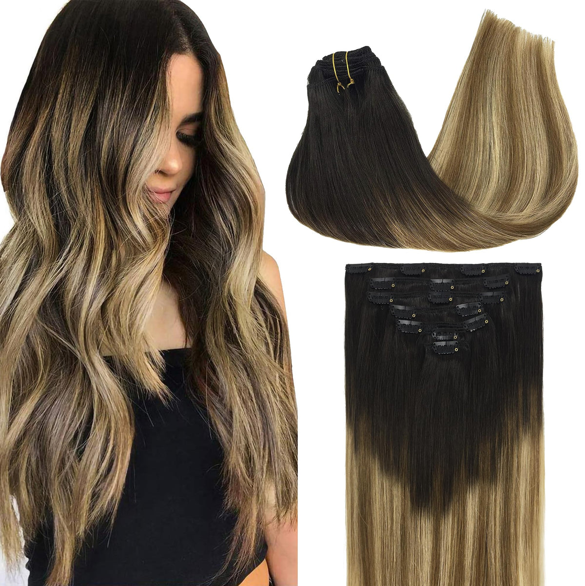 GOO GOO Clip in Hair Extensions 24inch natural human hair front view