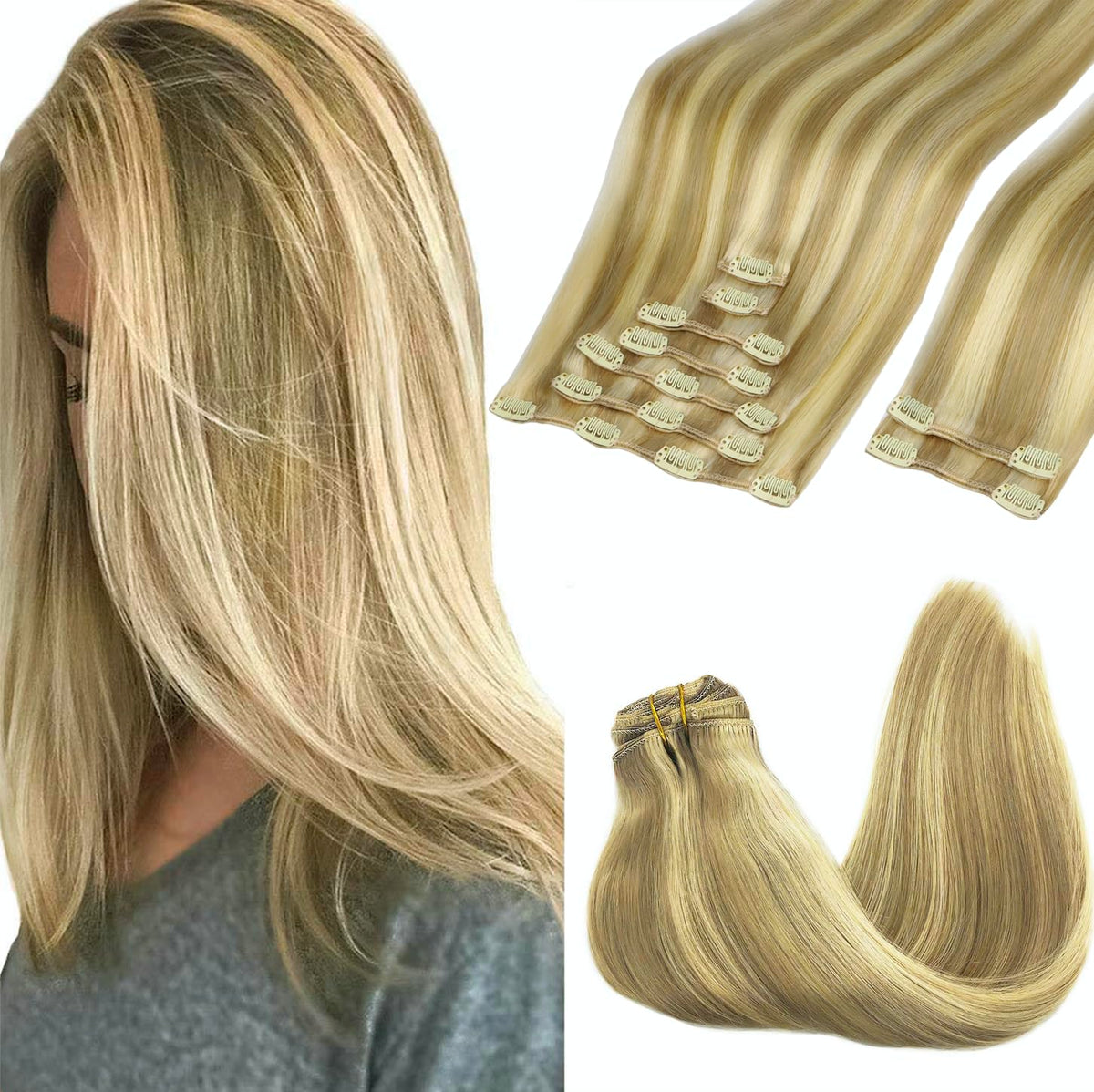 GOO GOO Clip in Hair Extensions blonde real human hair front view