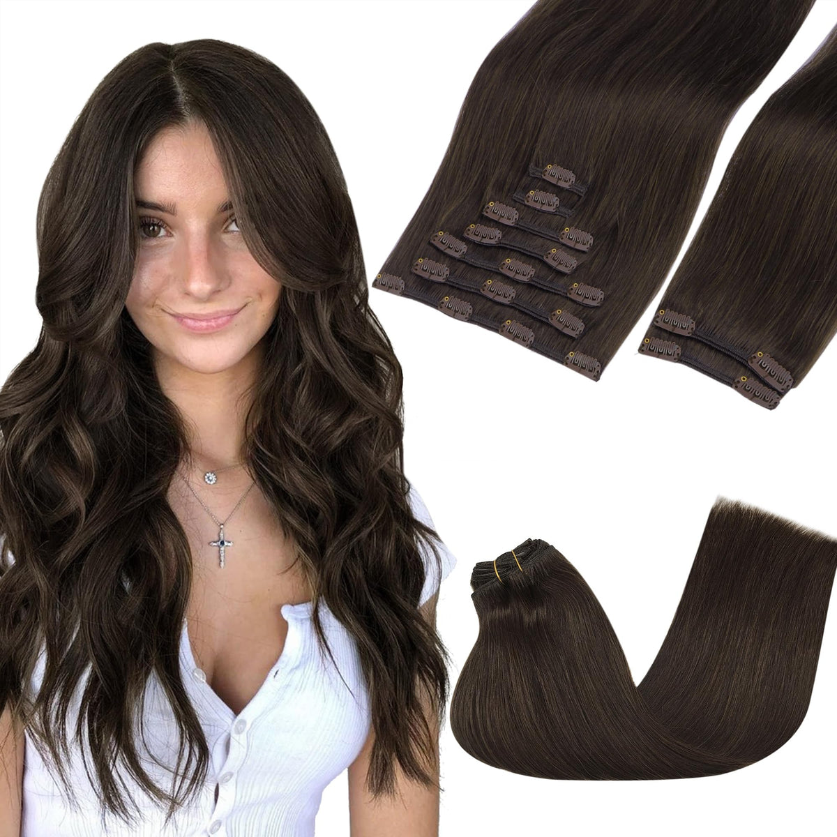GOO GOO Clip in Hair Extensions brown remy hair front view