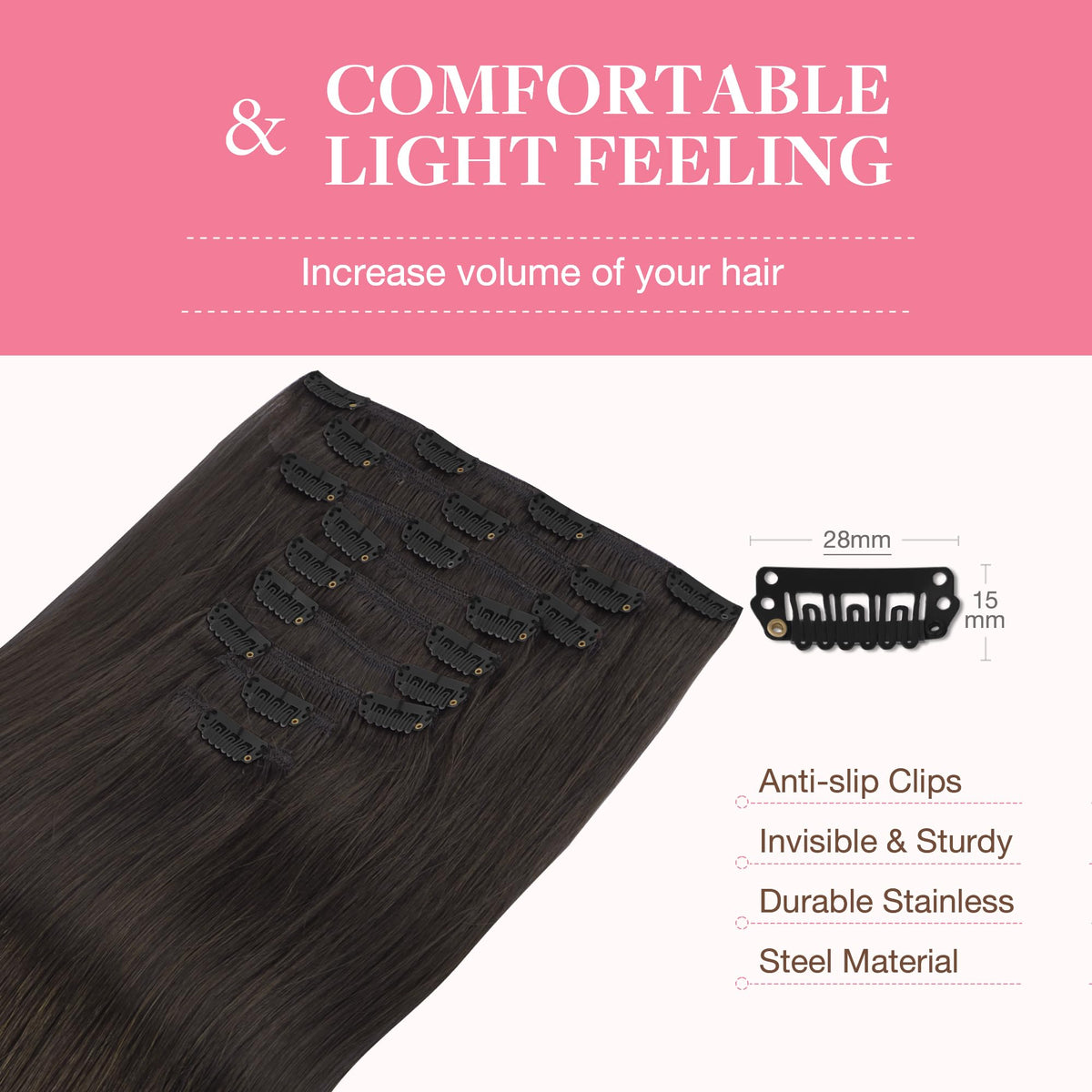 GOO GOO Clip in Hair Extensions dark brown on display