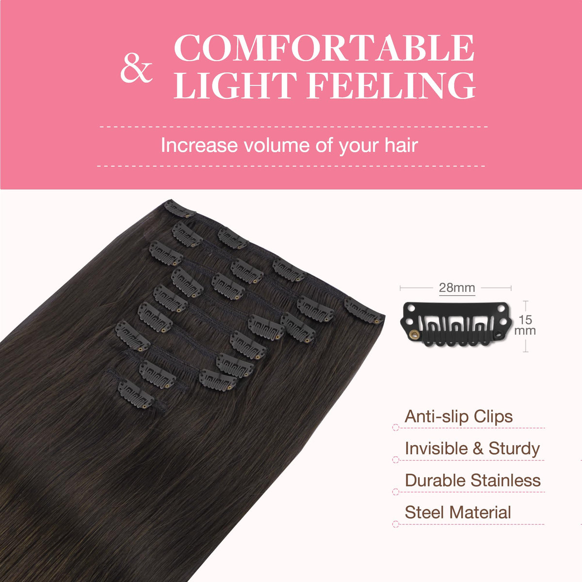 GOO GOO Clip in Hair Extensions Dark Brown on model