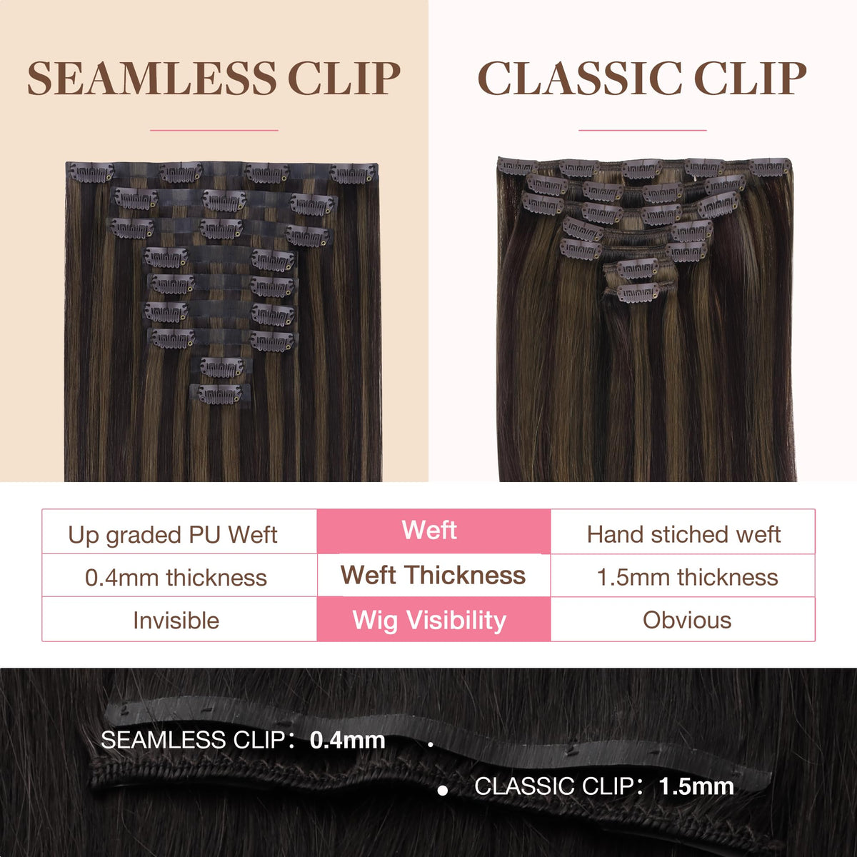 GOO GOO Clip in Hair Extensions displayed in various shades