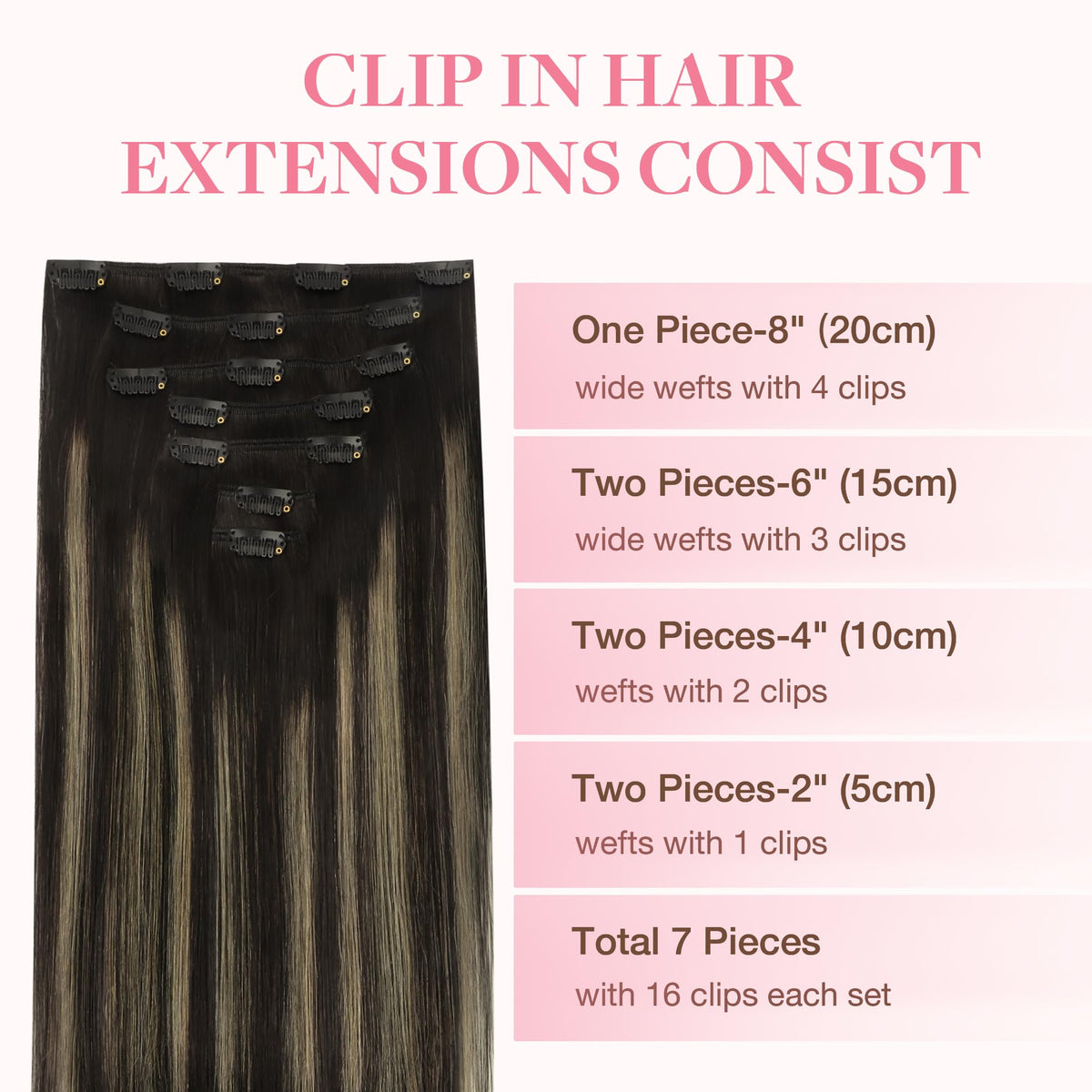 GOO GOO Clip in Hair Extensions displayed in various shades