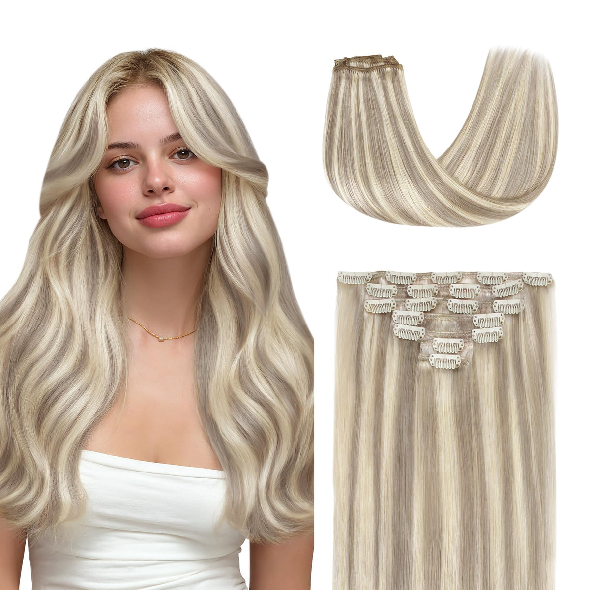 GOO GOO Clip in Hair Extensions front view, blonde colour