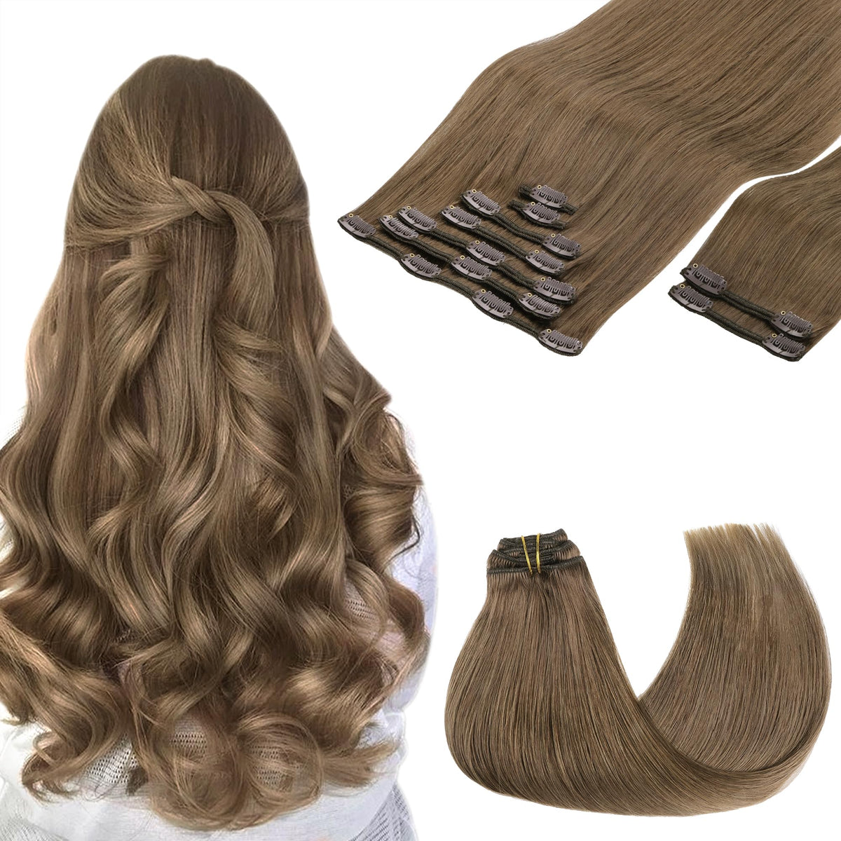 GOO GOO Clip in Hair Extensions front view, brown colour