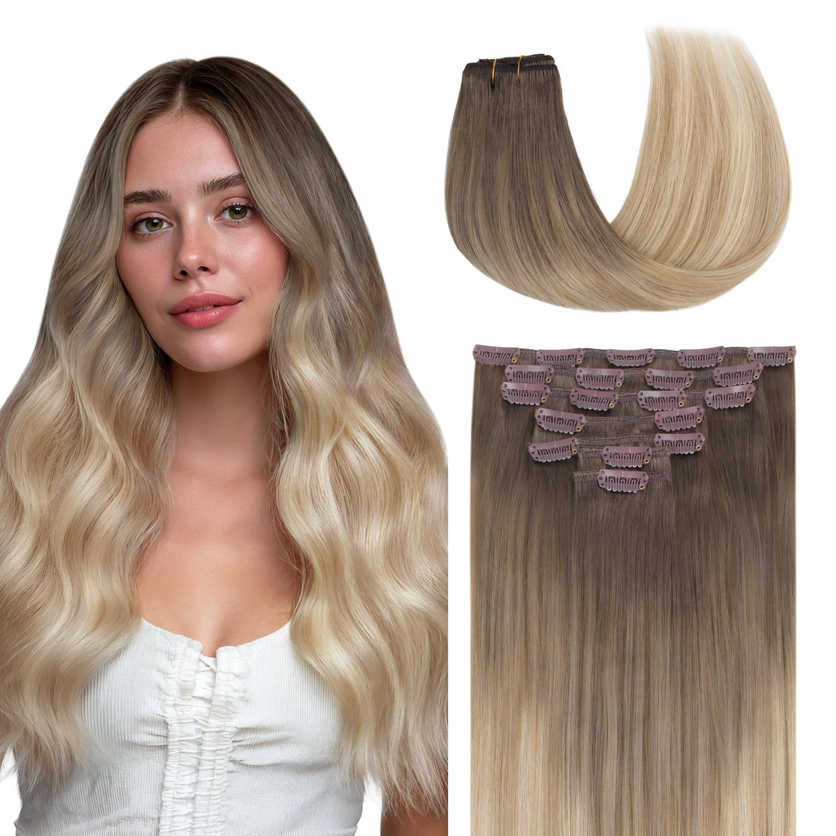 GOO GOO Clip in Hair Extensions front view in balayage colour