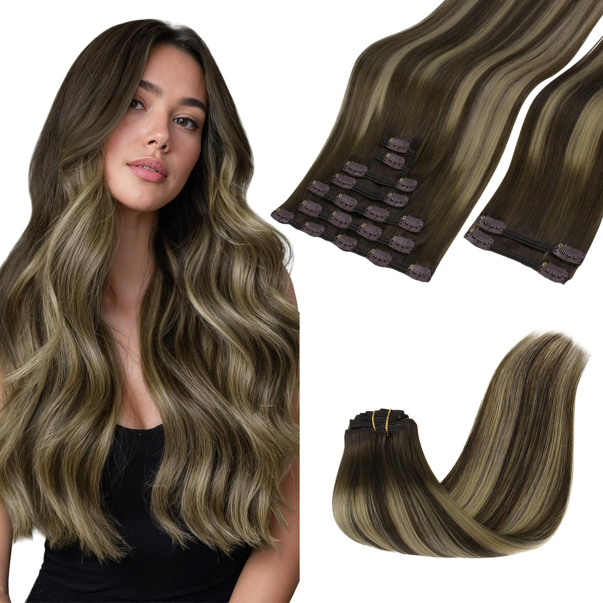 GOO GOO Clip in Hair Extensions front view showcasing balayage colour