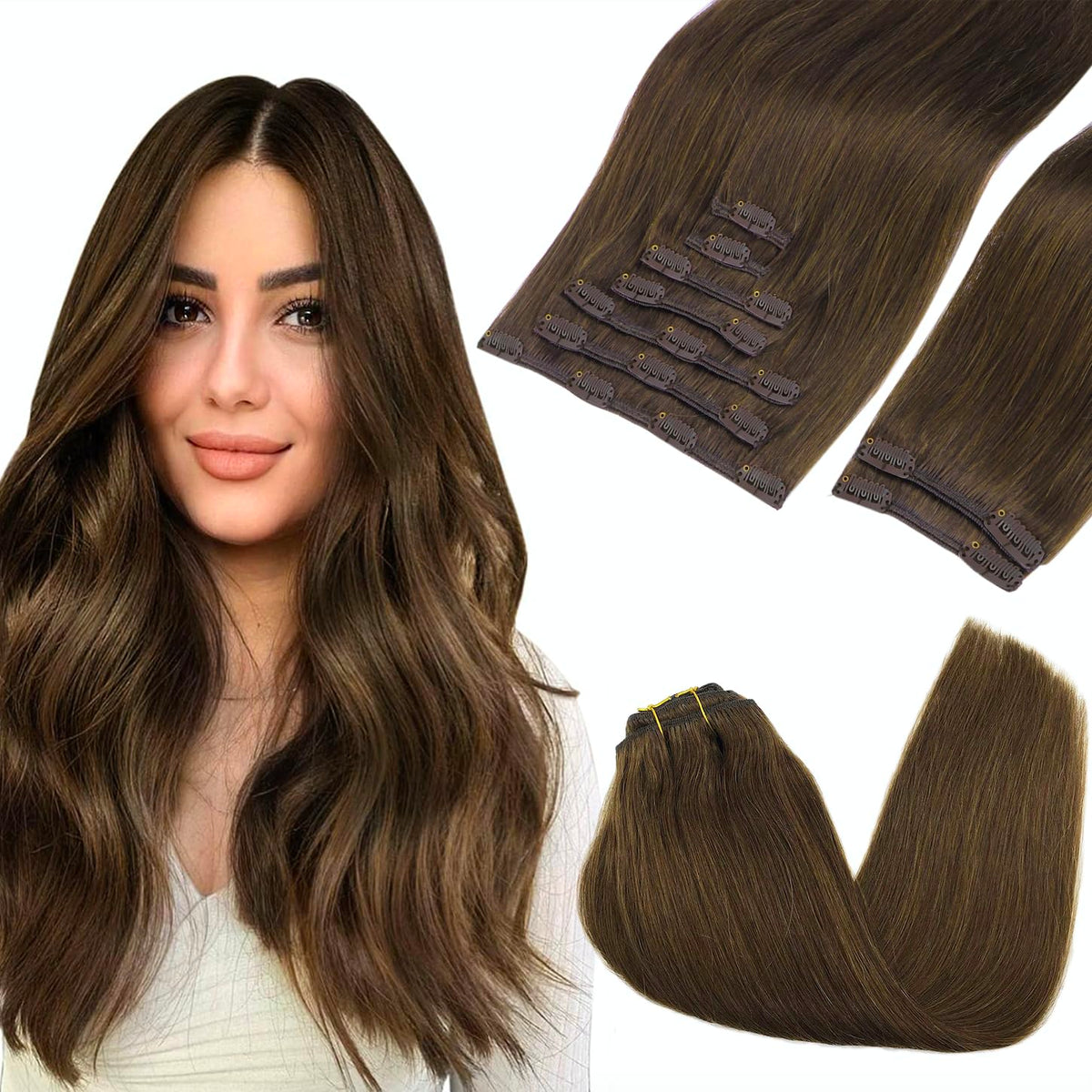 GOO GOO Clip in Hair Extensions front view showing brown colour