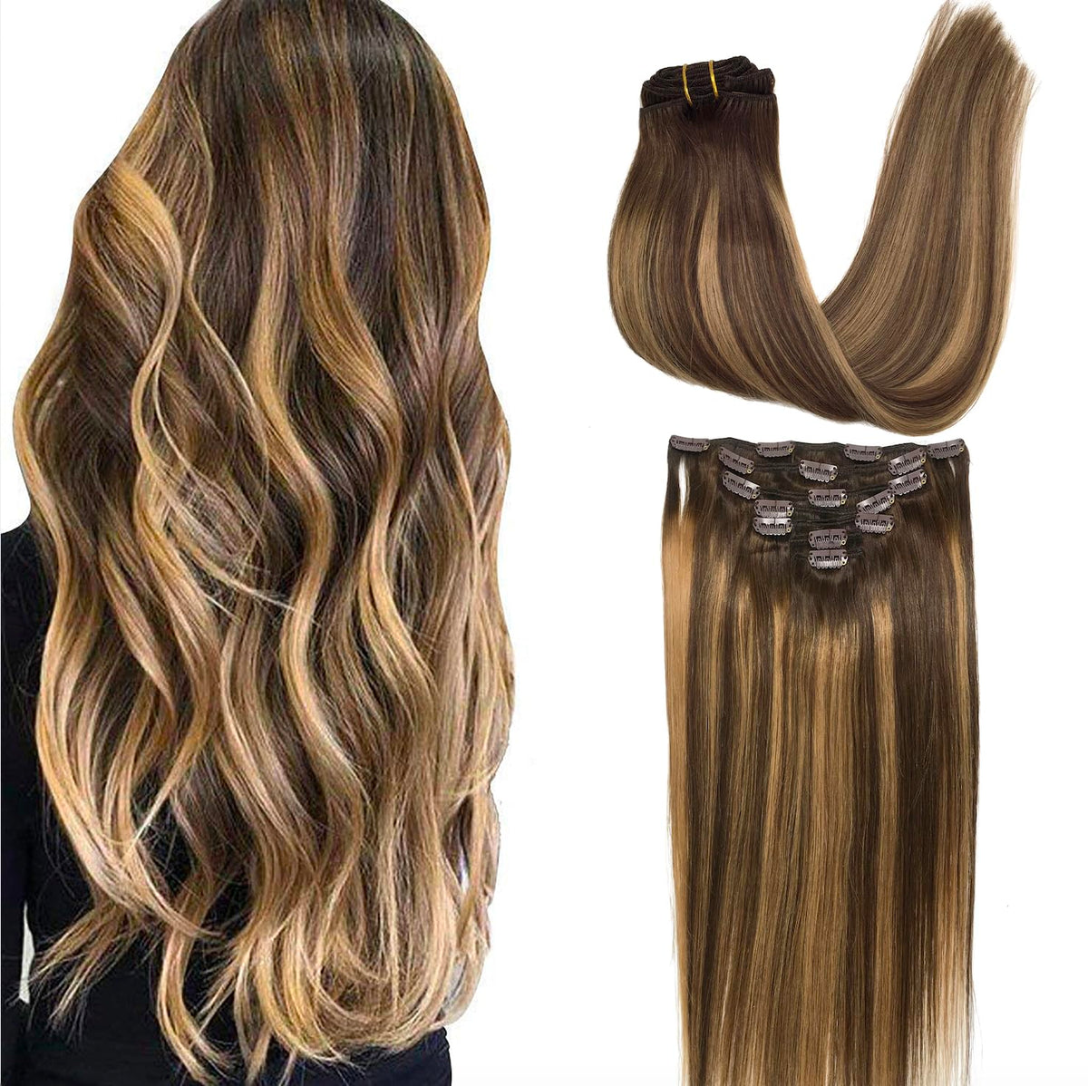 GOO GOO Clip in Hair Extensions front view with balayage colour