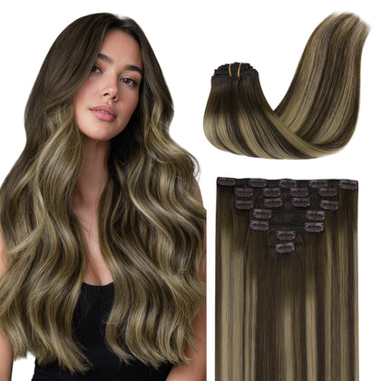 GOO GOO Clip in Hair Extensions front view with balayage colour