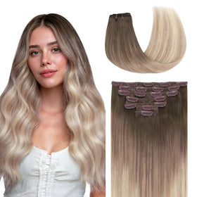 GOO GOO Clip in Hair Extensions front view with balayage colour