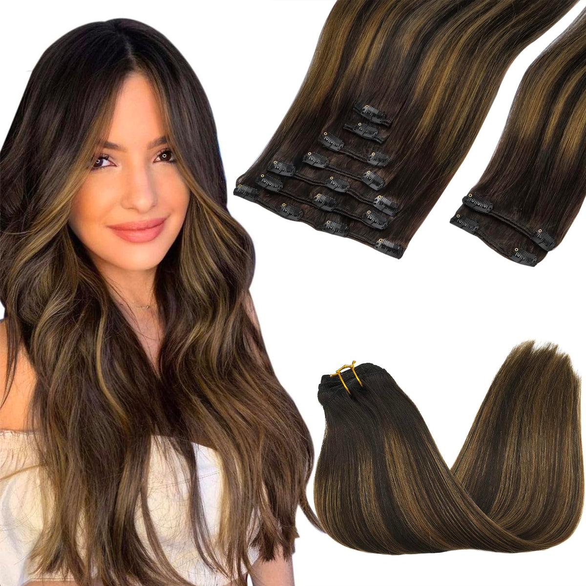 GOO GOO Clip in Hair Extensions front view with balayage colour