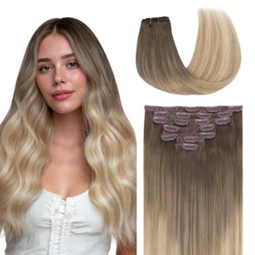 GOO GOO Clip in Hair Extensions front view with balayage colour