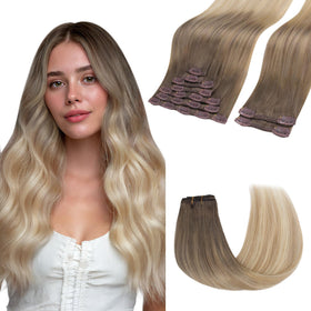 GOO GOO Clip in Hair Extensions front view with balayage highlights
