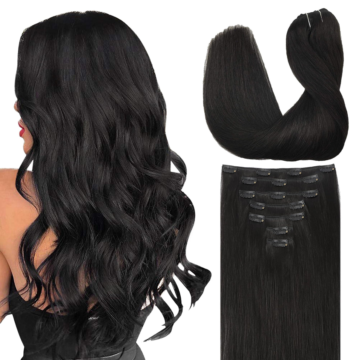 GOO GOO Clip in Hair Extensions front view with black colour