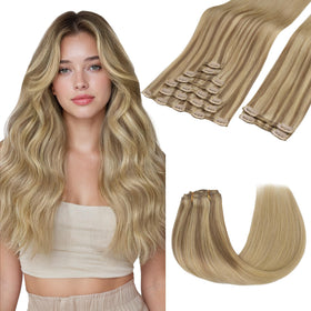 GOO GOO Clip in Hair Extensions front view with blonde colour