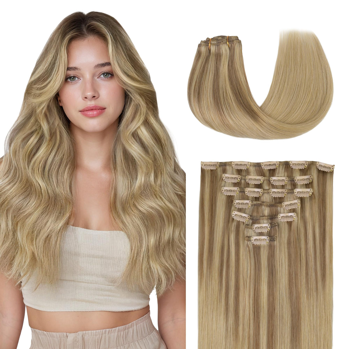 GOO GOO Clip in Hair Extensions front view with blonde colour