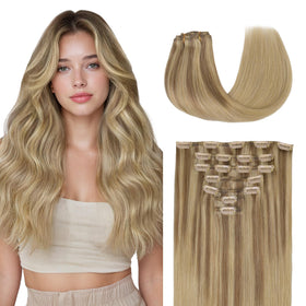 GOO GOO Clip in Hair Extensions front view with blonde colour