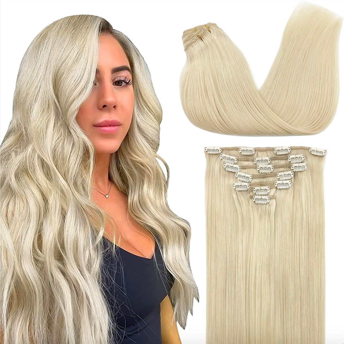 GOO GOO Clip in Hair Extensions front view with blonde colour