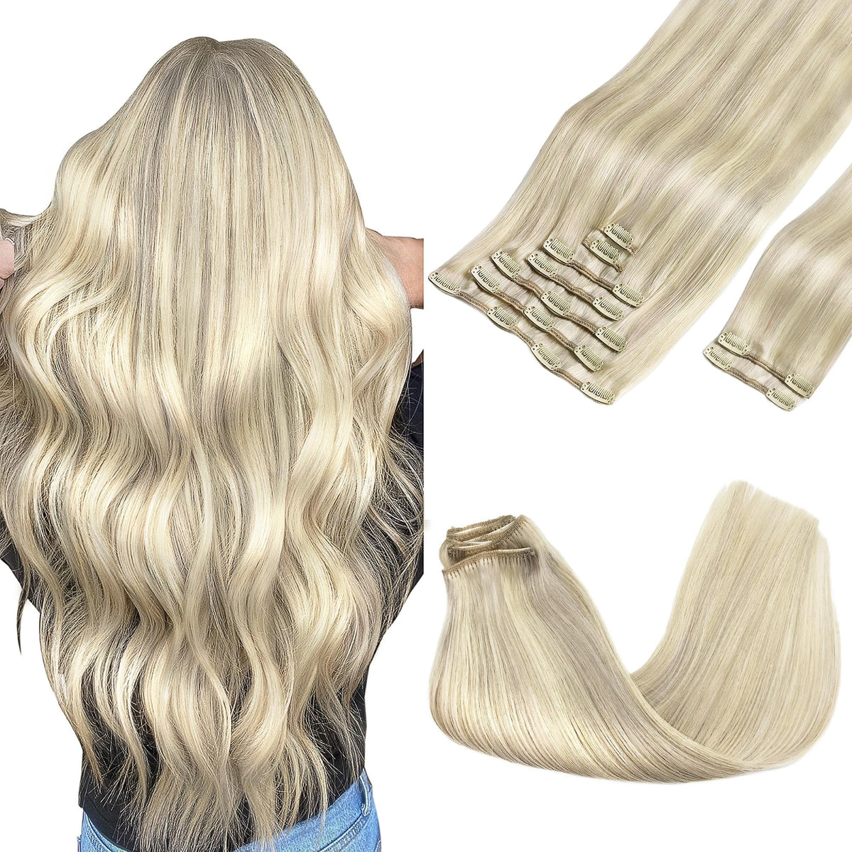 GOO GOO Clip in Hair Extensions front view with blonde colour