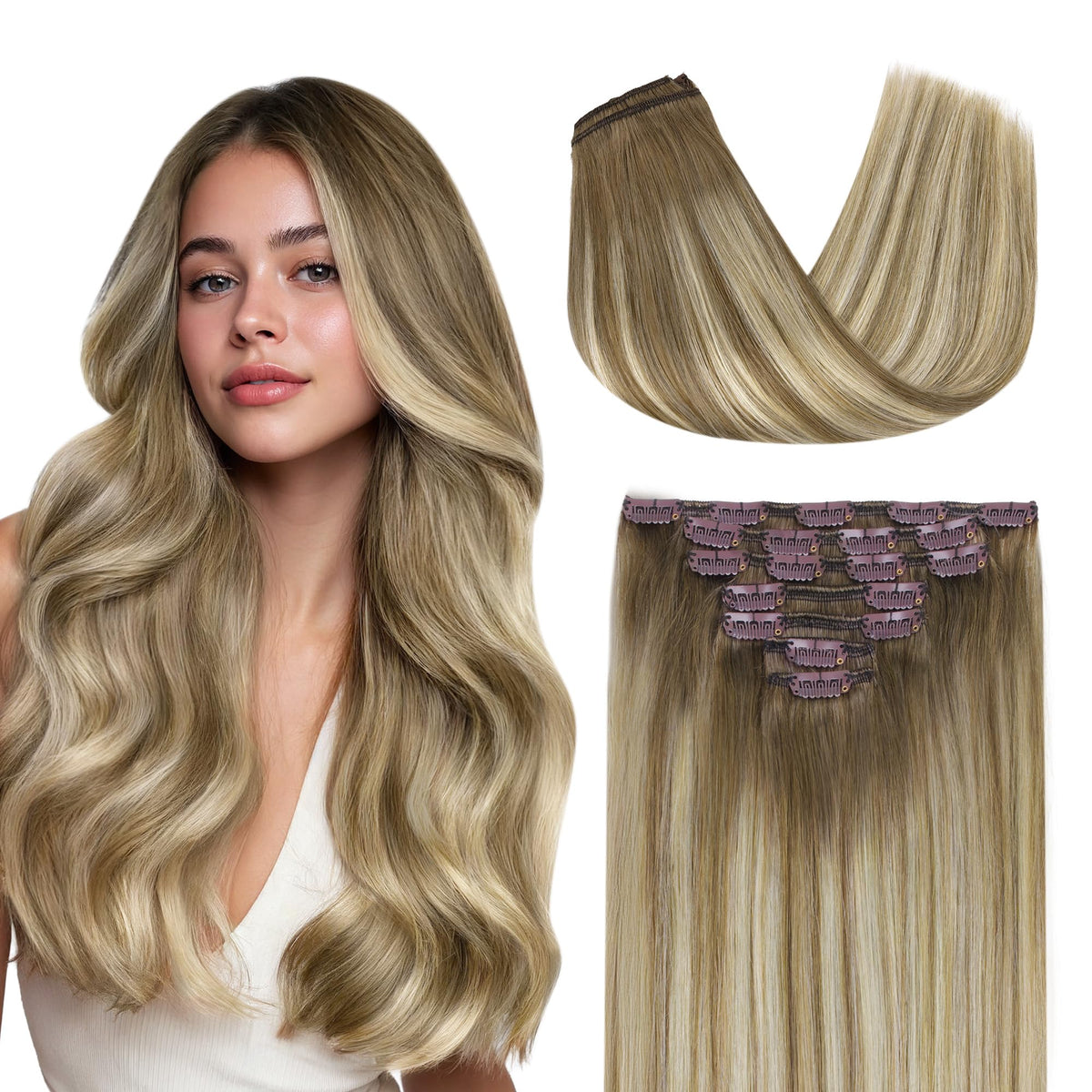 GOO GOO Clip in Hair Extensions front view with blonde colour
